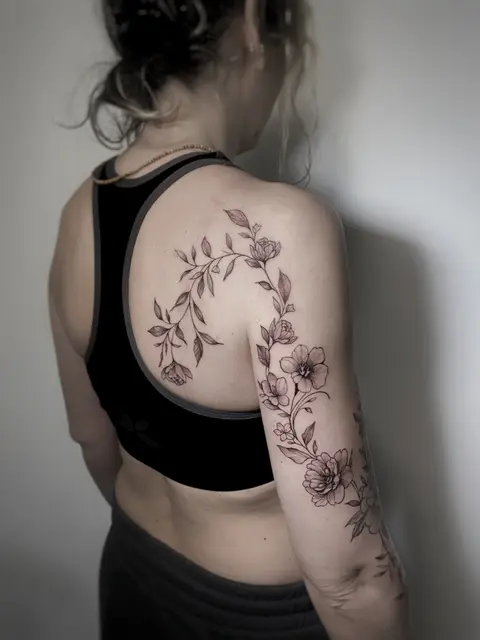 Tatuaggio: rami fioriti in fine line dalla spalla al braccio, di Amanda - White Garden Tattoo, Roma Colli Aniene
