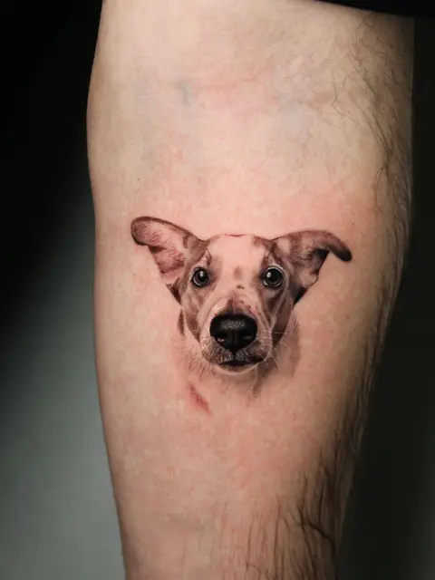 Tatuaggio: ritratto microrealistico di un cane con le orecchie alzate, di Ilaria - White Garden Tattoo, Roma Colli Aniene